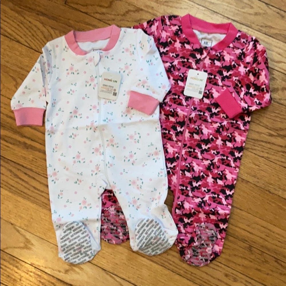2 Brand new cotton onesies! Pink bow & camouflage